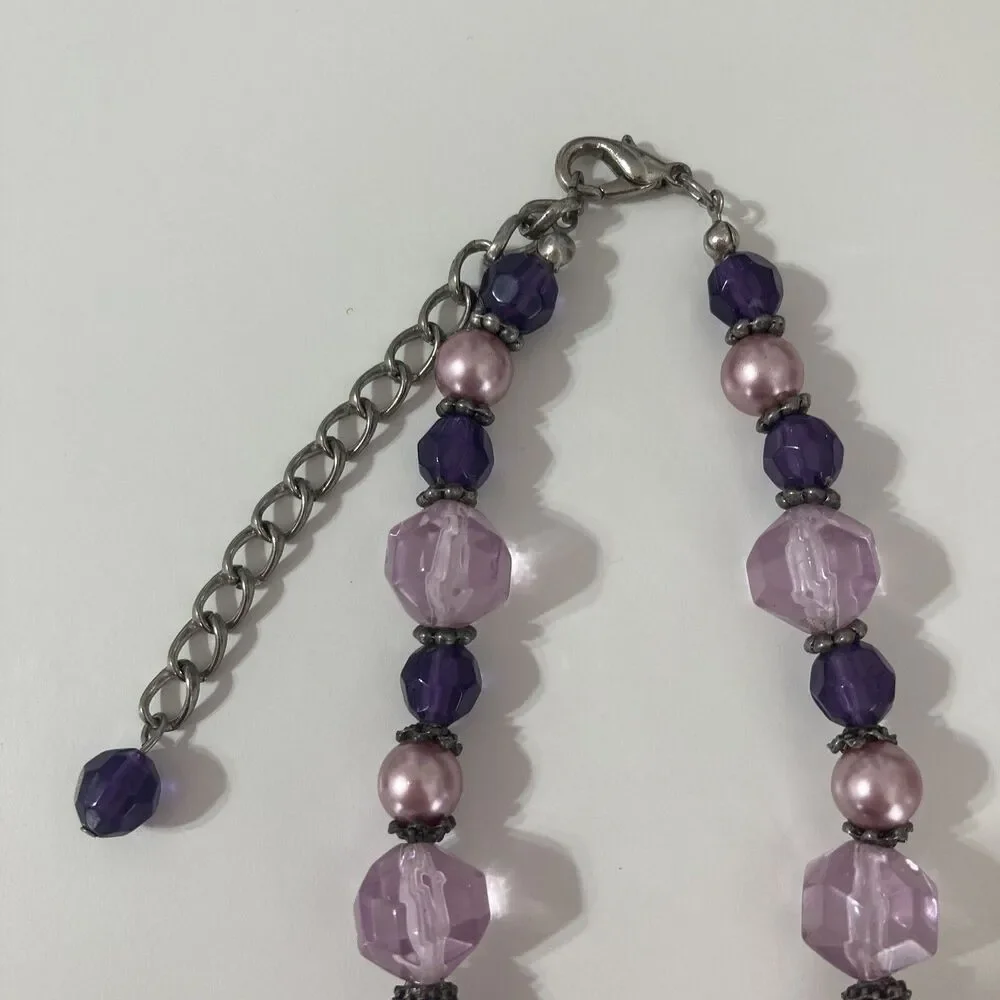 Silver Tone Purple Pink Faux Pearl Beaded Statement Necklace Fairy Bohemian